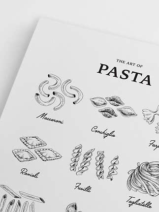 Poster with black-and-white illustrations of pasta shapes and the text "The Art of Pasta"