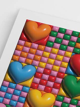 Colorful art print with glossy 3D hearts on a pattern of small squares