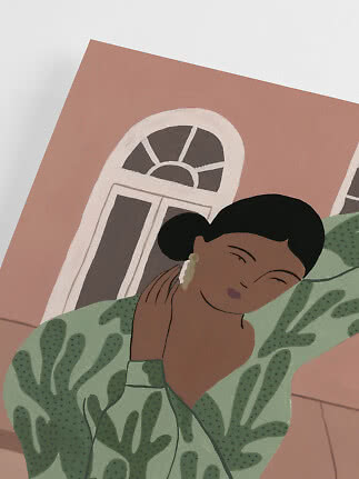 Illustration of woman in green patterned blouse in front of a pink building