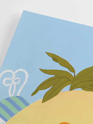 Ilustración de planta verde en maceta amarilla sobre fondo azul con adorno en forma de corazón