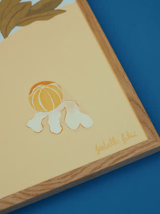 Ilustración floral enmarcada sobre fondo amarillo con capullo naranja y pétalos blancos