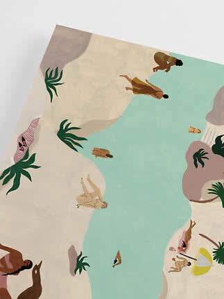 Illustration of people by a turquoise lagoon between rocks and palm plants