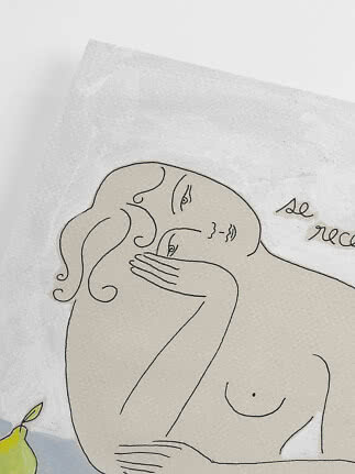 Abstract poster with simple line drawing of a nude woman and a green pear in the corner