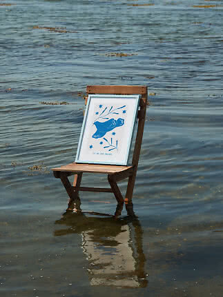Framed blue bird print on a wooden chair standing in shallow seawater