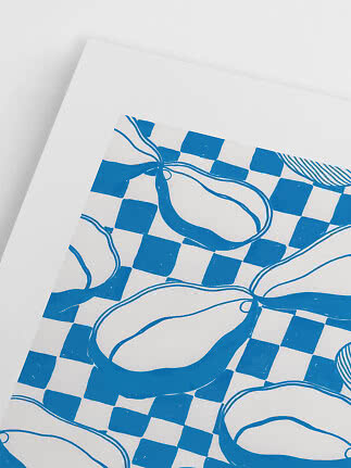 White art print with blue checkered pattern and stylized pears