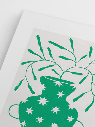 Abstract poster with green plant shape and white stars on a light background
