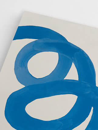 Abstract poster with bold blue looped brushstrokes on a white background