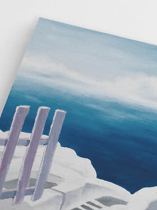 Painting of a snowy wooden deck with posts by a dark blue sea under a pale sky