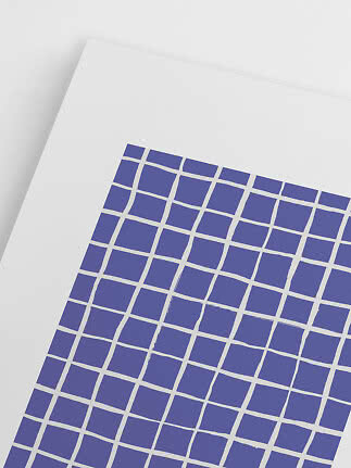 Close-up of a white poster with a blue wavy grid pattern