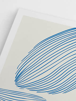Abstract poster with curved blue lines on a cream background