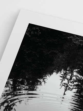 Nærbillede af sort-hvid kunstprint med trærefleksioner i vand og hvide kanter