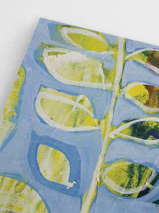 Abstract painting in blue, yellow and white with leaf and grid-like shapes on canvas