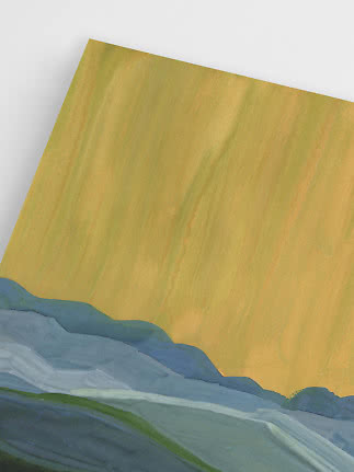 Abstract painting with a golden yellow sky and blue-gray rolling landscape below