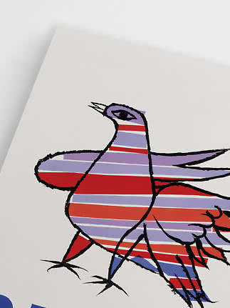 Abstrakte Vogelillustration mit schwarzen Konturen und lila, roten und weißen Streifen