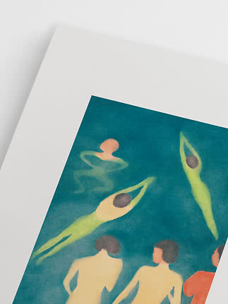 Art print with stylized bathing figures in blue-green water on a white background