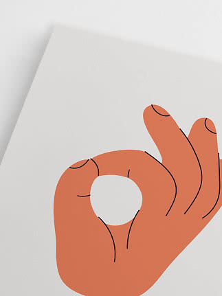 Minimalistisk plakat med orange hånd, der laver OK-tegn på hvid baggrund