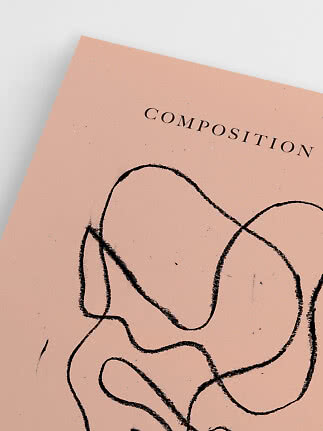 Abstrakt rosa poster med svarta organiska linjer och texten "COMPOSITION"