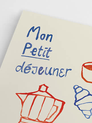 Plakat med teksten "Mon Petit déjeuner" og enkle illustrationer af croissant og kaffekande