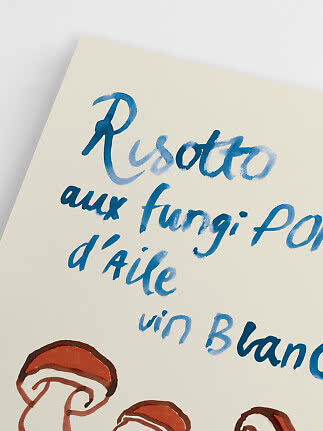 Close-up of poster with blue hand lettering and illustrated mushrooms at the bottom