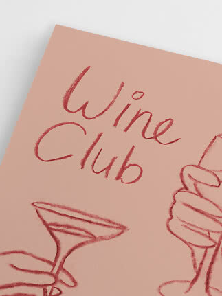 Póster rosa con dibujo lineal rojo de manos con copas de vino y texto "Wine Club"
