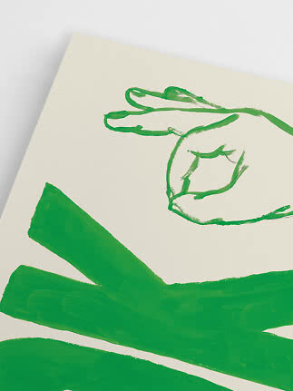 Abstraktes Poster mit grüner Linienzeichnung einer Hand auf hellem Hintergrund