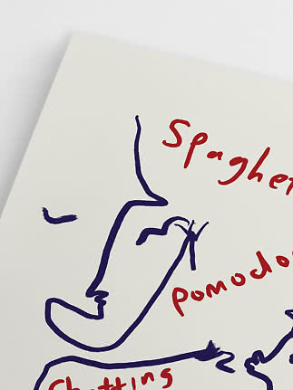 Dessin abstrait de visage en bleu foncé et rouge sur fond blanc