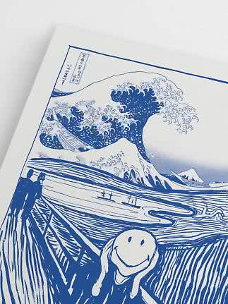 Blue art print blending The Great Wave off Kanagawa with The Scream and a smiley figure