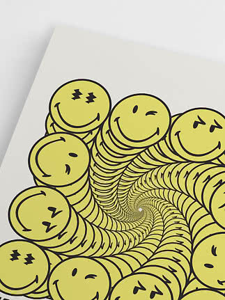 Poster con faccine sorridenti gialle in un motivo a spirale su sfondo bianco