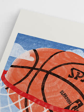 Illustration of an orange basketball by a red hoop and net against a blue sky with clouds