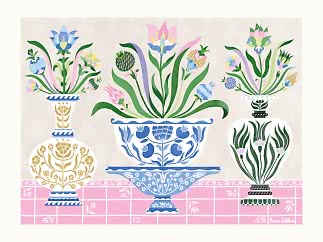 Illustrazione stilizzata di tre vasi decorativi con fiori colorati su piastrelle rosa.