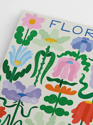 Affiche colorée avec fleurs stylisées roses, bleues, violettes et orange sur tiges vertes