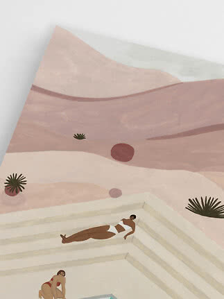 Abstract illustration of two women by a pool in a desert landscape in soft pink tones