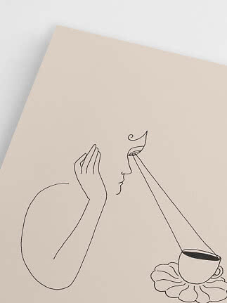 Minimalistisk stregtegning af person med hånd ved ansigt og lysstråle mod en kaffekop