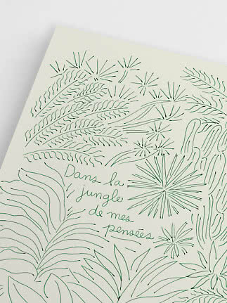 Art print with green line drawings of jungle plants and handwritten French text on a light background
