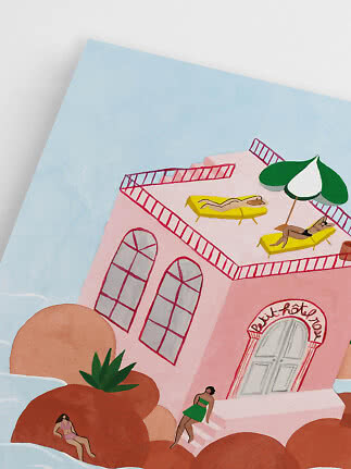 Illustration eines rosa Hotels am Wasser mit Dachterrasse, Liegen und Sonnenschirm