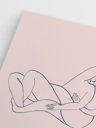 Minimal line drawing of a reclining woman on a pink background