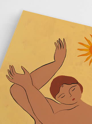 Abstract poster of a reclining woman in warm tones on a yellow background with orange sun