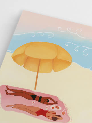 Illustration of two women on a beach blanket under a yellow umbrella by the sea