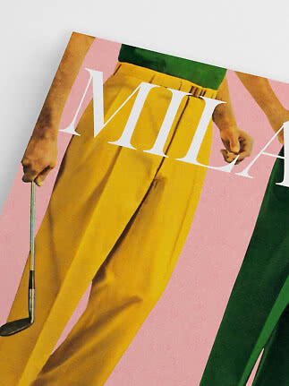 Close-up of fashion print with yellow trousers, green top and golf club on pink background