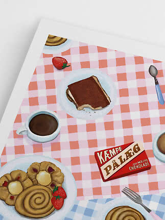 Illustratie van ontbijttafel met koffie, gebak, ijswafel en chocolade op geruit kleed
