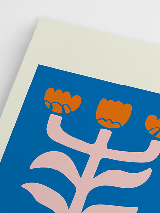Abstract floral poster with pink stem and orange flowers on a blue background