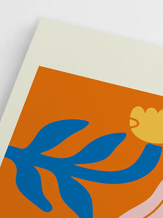 Abstrakter Kunstdruck mit orangem Hintergrund, blauen organischen Formen und gelbem Kreis