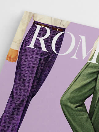 Close-up of purple plaid trousers and green trousers on a fashion poster