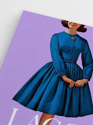 Illustration of woman in a blue long-sleeve dress on a purple background
