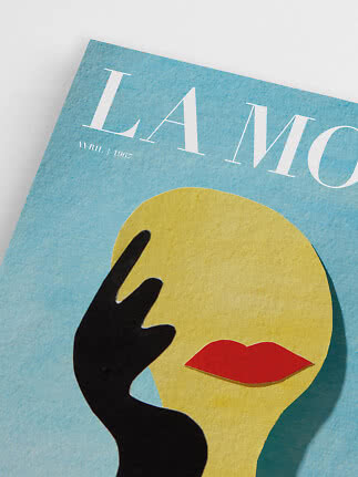 Close-up of blue art poster with stylized face, red lips and black hand