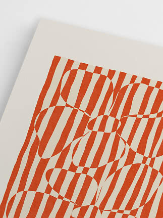 Abstract art print with red wavy stripes and overlapping oval shapes on cream paper