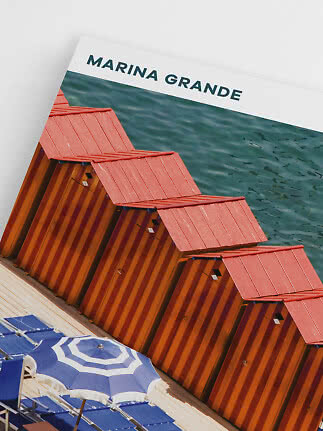 Poster reading Marina Grande with red beach cabins by the water and blue white umbrellas