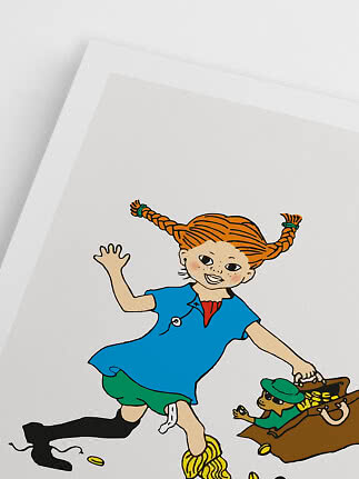 Ilustracja Pippi Pończoszanki ze skrzynią skarbów na białym plakacie