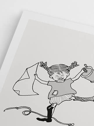 Czarno-biała ilustracja dziewczynki z warkoczami skaczącej na skakance z torbami