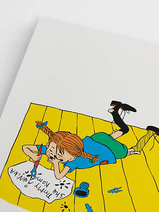 Illustration of Pippi Longstocking lying on the floor, writing on a sheet of paper